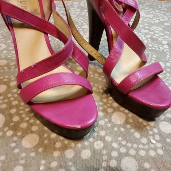LAUREN Pink Platform Cross Straps Leather Heels - Picture 3 of 9